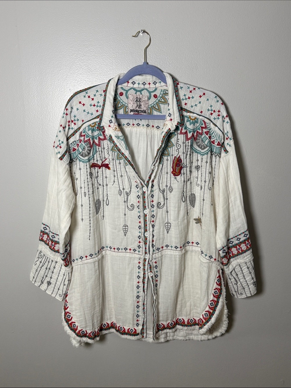 Johnny Was Pete & Greta Cream Embroidered Button-Down with Red and Teal Accents